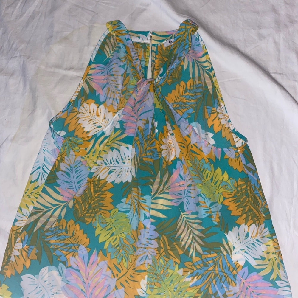 Rose & Olive Teal Tropical Print Tank Top with Yellow & Pink Leaves - Picture 3 of 11